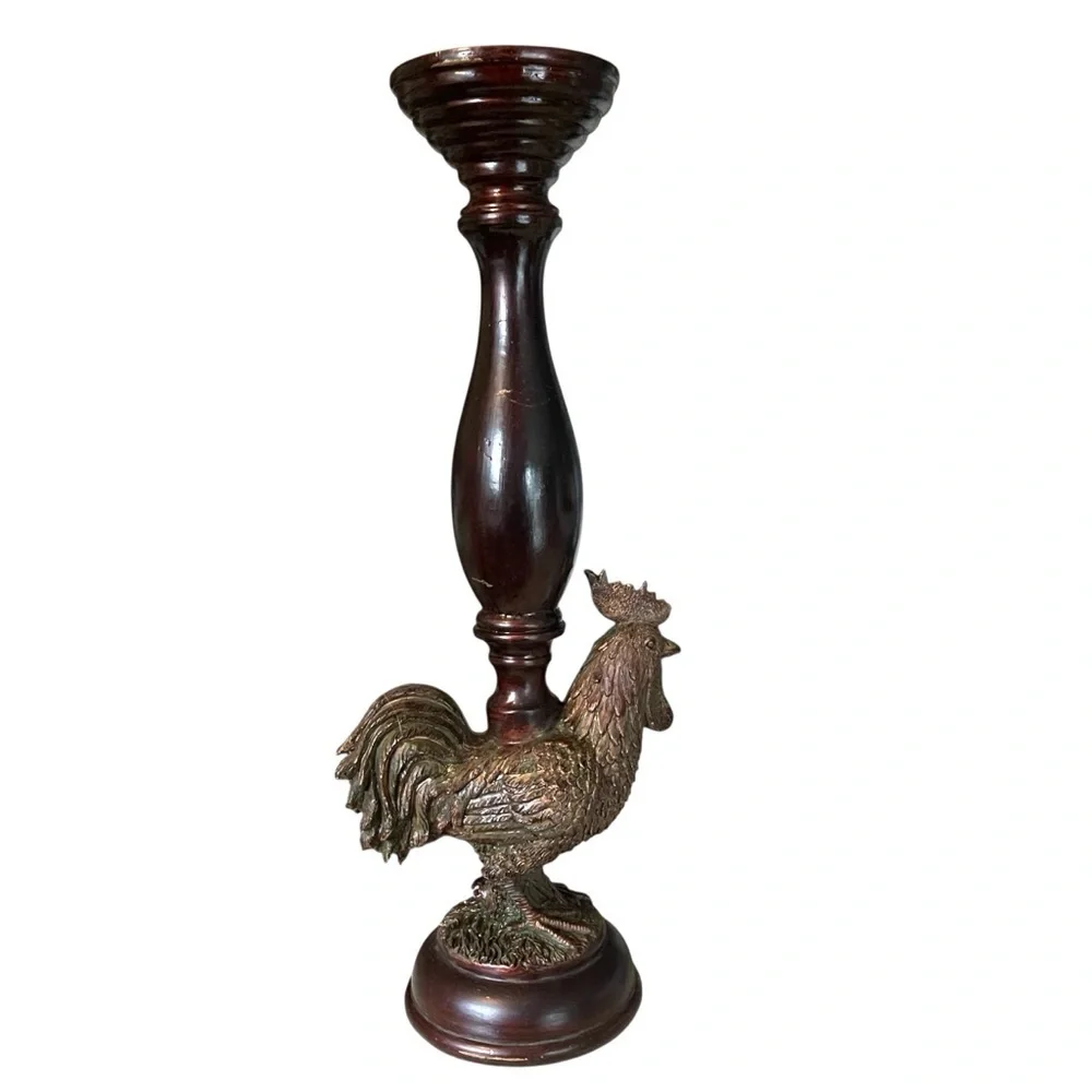 Rustic Rooster Pillar Candle Holder Dark Wood Resin Stand Farmhouse Country 16